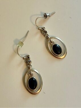 Lia Sophia Brushed Brass Oval Drop Earrings with Black Stone